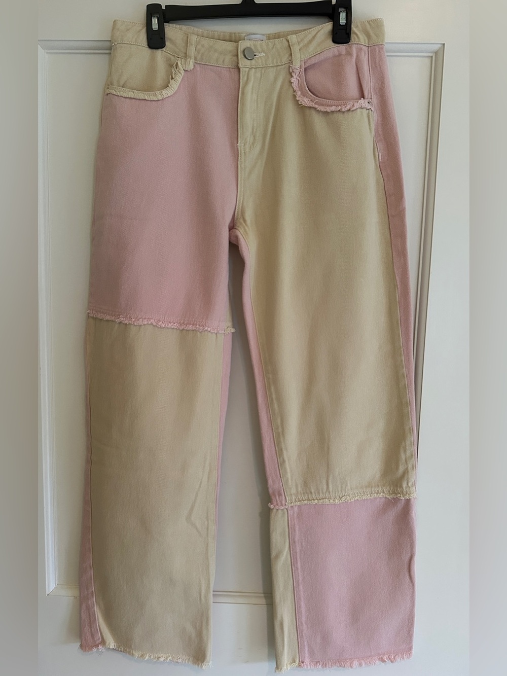 Princess Polly Pink Cream/Yellow Patchwork Wide Leg Jeans US 10 AU 14 Raw Hem